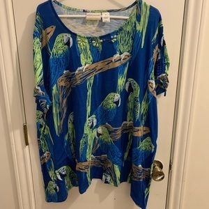 Alfred Dunner shirt, blue, parrots, with beads around neckline, 3X
